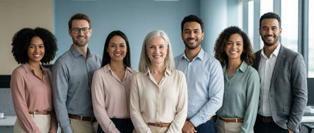 Group of multi ethnic and multi generational business people from diverse backgrounds smiling together in a modern corporate office, representing inclusion and collaborationの素材