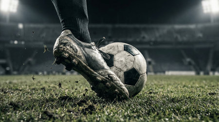 Football players foot in a muddy cleat connecting with a soccer ball on a grass field under stadium lights, sending dirt and turf flying during an intense matchの素材