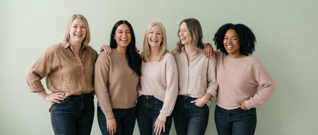 Five diverse women of different ages and ethnicities are standing close, smiling and laughing together while looking at the camera, celebrating community and body positivityの素材