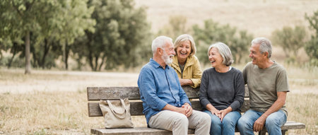 Group of four happy senior friends enjoying conversation and laughing together while sitting on a wooden bench in a park during daylight, representing active aging and communityの素材