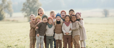 Diverse group of smiling children laughing and hugging in a wide green field, celebrating friendship, play and childhood together outdoors in natural daylightの素材