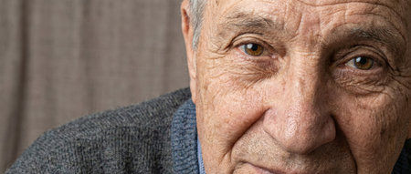 Elderly mans face showing wrinkles and lines around his eyes, representing the natural of aging and the experience of life in a close up portraitの素材