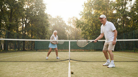 Elderly couple laughing and playing energetic tennis on a green outdoor court, staying active and healthy in retirement while enjoying friendship, fitness and sunny leisureの素材