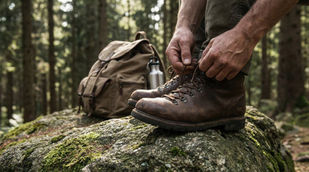 Person preparing for a forest hike, tying sturdy leather boots while standing on a mossy rock with a backpack and water bottle nearby, ready for outdoor explorationの素材