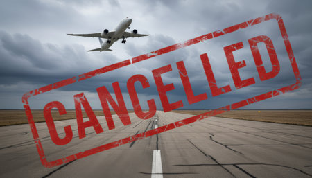 Airplane flying into dark clouds from an empty runway, showing a large red cancelled stamp, representing travel restrictions, flight disruptions, vacation bans, or grounded journeysの素材