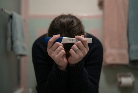 Woman feeling emotional and overwhelmed while holding a positive home pregnancy test, signifying new life, family planning, and the journey to parenthoodの素材