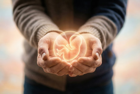 Cupped hands carefully holding a glowing fetal embryo, symbolizing new life, creation, in vitro fertilization - ivf - , pregnancy, medical science, and family planningの素材