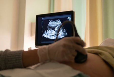 Doctors gloved hand performing an ultrasound on a pregnant womans belly, scanning her abdomen with the healthy fetus clearly visible on the monitor screenの素材