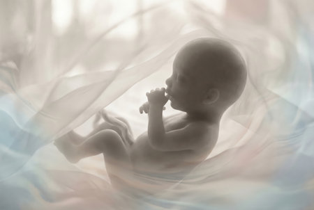 Fetus developing inside a light, flowing, abstract womb, symbolizing new life, pregnancy, and fertility concepts for hopeful parents and medical advancementsの素材