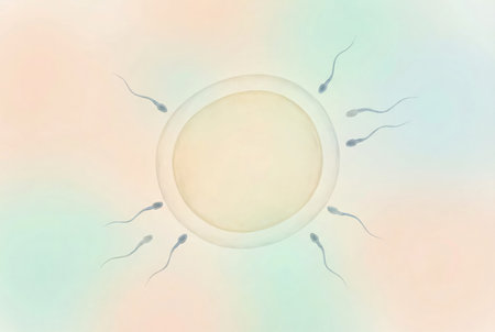 Human sperm cells surrounding an ovum, depicting the process of fertilization, reproduction, and the beginning of new life with potential applications in ivf treatmentの素材