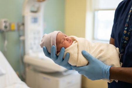 Medical professional in blue scrubs and gloves carefully holding a wrapped newborn baby sleeping peacefully inside a hospital delivery or recovery room, emphasizing care and new lifeの素材