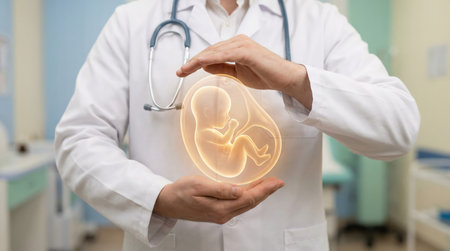 Doctors hands cradling a glowing virtual fetus, representing ivf, fertility treatment, prenatal care and reproductive medicine in a clinical, high tech, hopeful settingの素材