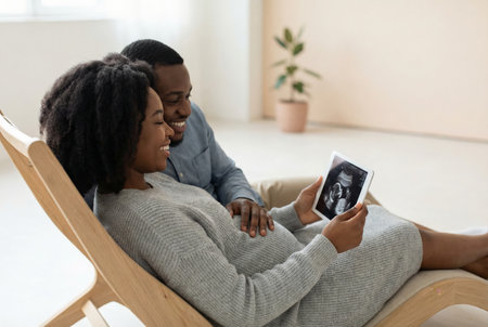 Young pregnant black couple relaxing on a chair, happily viewing their babys ultrasound image on a digital tablet, sharing future parenting joy and family anticipationの素材