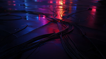 A mesmerizing abstract composition features dark, intertwined wires spreading across a reflective surface, bathed in vibrant neon blue and red lights. This futuristic scene evokes a cyberpunk aesthetic, symbolizing digital networks, data flow, and advanced technology.の素材
