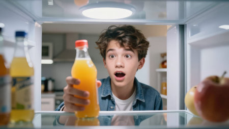 Surprised Caucasian Boy Holding Orange Juice Inside Open Refrigerator, Bright Interior Light, WideEyed Expression, Reaching For Evening Snack, Kitchen Countertop Blurred, Playful Curiosityの素材