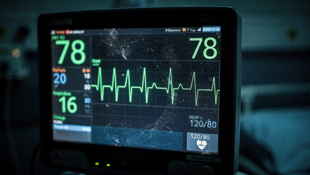 Intense Close-up of a Patient Monitor Displaying Critical Vital Signs and a Vibrant Green EKG Waveform Against a Dark Background Reflecting Urgent Medical Monitoring in a High-Stakes Clinical Setting.の素材