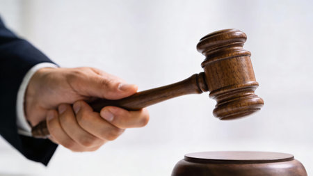 Judge Firmly Hits, Judge Decisively Impacts With Gavel Stroke, Judge Resolutely Pounds Gavel With Authority, Judge Firmly And Decisively Knocks Gavel To Bring Order In Courtの素材