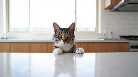 Curious tabby cat peering over a modern kitchen countertop with white surface domestic feline observing cooking activity with interest soft natural light in a contemporary home setting.の素材