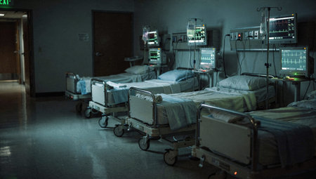 Rows of empty hospital beds in a dimly lit cardiac ward with active heart monitors; an evocative image of medical readiness technological legacy and the structural harmony of modern healthcare facilit.の素材