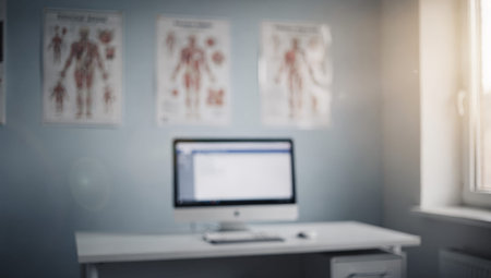 Professional and bright medical office interior with a computer desk and anatomical charts blurred to create a clean background for healthcare and technology designs.の素材