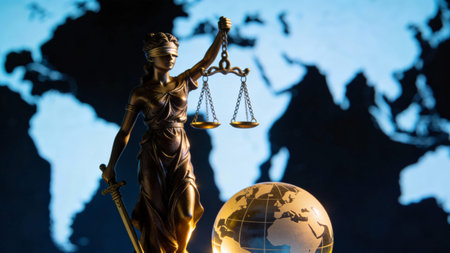 Lady Justice With World Map, Lady Justice Sculpture Set Before World Map Silhouette Background, Statue Of Liberty Justice Depicted With Globe And World Map Outline In Backdropの素材