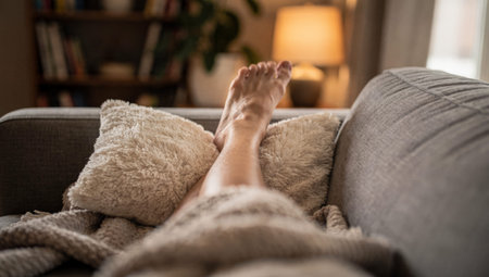 A first-person perspective of a bare foot resting on a soft blanket and pillows on a sofa in a cozy dimly lit living room signifying rest home comfort or injury recovery.の素材