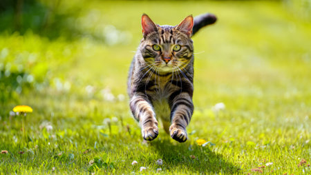 Energetic tabby cat running at full speed through a lush green field of grass and dandelions capturing the spirit of outdoor adventure and the raw vitality of a healthy pet.の素材
