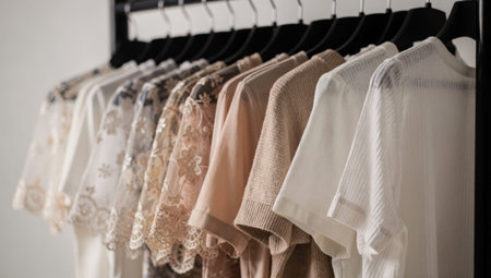 Elegant Clothing Display, Fashionable Blouses Showcasing Delicate Textures And Subtle Hues, Refined Collection Featuring Sheer Materials And Detailed Embroidery In Boutique Settingの素材