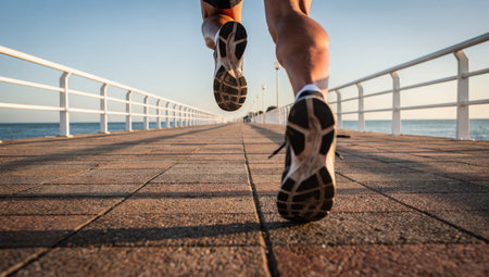 A low-angle shot of a runners feet in sneakers moving quickly along a sun-drenched wooden pier by the ocean emphasizing freedom motion and active wellness.の素材