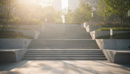 Wide clean concrete outdoor stairs bathed in soft morning sunlight providing perfect copy space for design symbolizing opportunity steps to success and growth.の素材