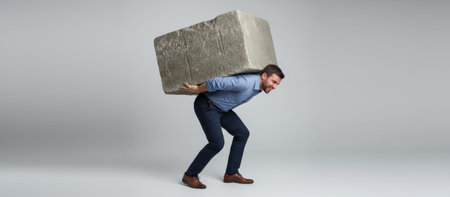 Businessman struggling while carrying a massive rock on his back, symbolizing the financial weight, stress, and pressure associated with heavy debt, taxes, and business responsibilitiesの素材