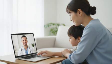 Asian mother and her young child connecting with a male doctor through a video call on a laptop, receiving remote medical advice and childcare support from the comfort of their homeの素材