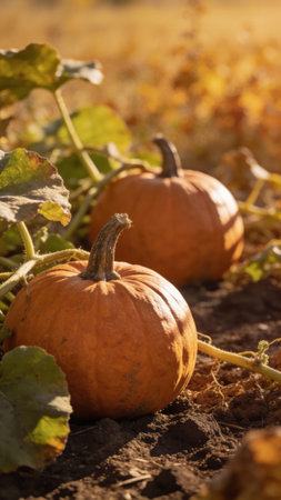 Orange pumpkins ripening on the vine in a sunlit field, ripe for autumn harvest rustic farm scene showing seasonal growth, fresh produce and golden hour natural lightの素材