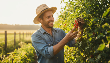 Smiling Farmer Picking Ripe Tomatoes From Vine In Sunlit Field Wearing Straw Hat And Denim Shirt, Warm Golden Light, Careful Selection Of Fruit For Market, Relaxed Confident Mood And Localの素材
