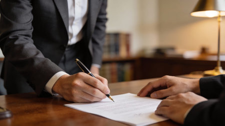 Two Professionals Signing Legal Contract At Polished Desk, Hands Holding Pens Over Documents, Agreement Being Finalized, Office Lamp Glow And Legal Folder, Businesslike Focused Atmosphereの素材