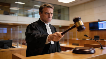 Male Judge Striking Gavel In Court, MidMotion Impact, Wooden Mallet Contacting Soundblock, Authoritative Gesture Signaling Order And Courtroom Procedure During Active Hearingの素材