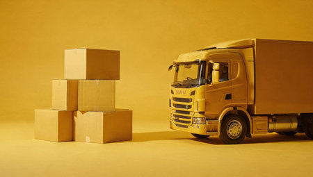 Yellow Truck Beside Stacked Cardboard Boxes On Monochrome Set Bold Tonal Composition With Corrugated Cartons, Branding And Packaging Focus, Retail Fulfillment Concept For Ecommerceの素材
