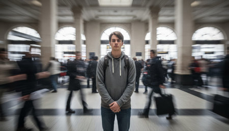 Caucasian College Student Standing In Station, Surrounded By Blurred Commuters And Hurried Movement, Backpack On Shoulders And Hoodie, Focused Expression, Gaze Toward Departure Boards,の素材