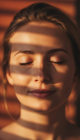 Portrait Of Student With Gentle Smile In Sunlight, Closeup Image Of Face Illuminated By Warm Striped Sunlight, Closeup Of Relaxed Face Bathed In Subtle Golden Sunlight With Gentle Smileの素材