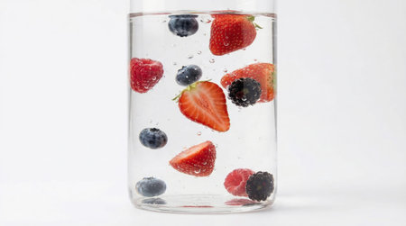 Various colorful fresh berries including strawberries, blueberries, raspberries, and blackberries, sinking into clear water with bubbles, creating a healthy and refreshing drink conceptの素材