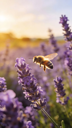 Bee Hovering Over Lavender Blossom At Sunset With Purple Field Backdrop, Fragrant Atmosphere, Serene Pollination Scene, Sustainable Floral Agriculture And Wellness Imageryの素材