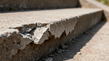 Cracked Concrete Edge Revealing Rough Texture, Chipped Surface, Granular Debris, Shallow Depth Of Field, Warm Sunlight Highlighting Fissures, Industrial Urban Environment, Concept For Decay,の素材