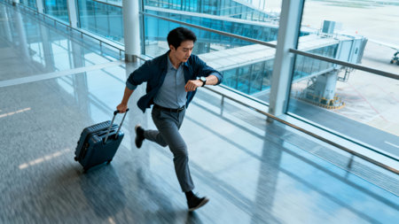 Fast Airport Dash, Running Businessman Navigating Busy Airport With Rolling Baggage, Hurried Traveler Swiftly Moves Through Modern Airport Terminal Carrying Large Rolling Suitcaseの素材
