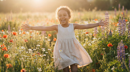 Happy little girl running through a sunlit wildflower meadow at golden hour, arms outstretched, smiling and carefree, enjoying summer warmth, nature and playful freedomの素材