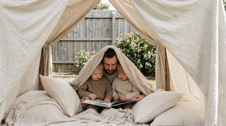 Father and two young children bonding while reading a storybook together under a cozy canopy tent in the backyard, enjoying quality family time and creating cherished memories in natureの素材