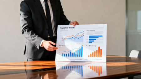 Caucasian Presenter Showing Growth Charts On Display, Confident Pitch To Boardroom Stakeholders, Clear Analytics And Upward Trends, Professional Sales Role, Persuasive Delivery And Visualの素材