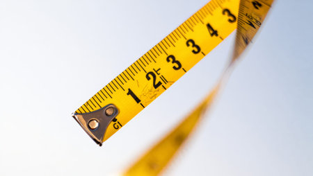 Extreme macro of a yellow measuring tape at a diagonal angle, metal clip and first centimeter markings in crisp focus. The tape recedes into heavy bokeh against a pale gradient background.