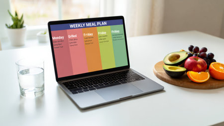 Laptop screen displaying a vibrant weekly meal plan beside a colorful platter with avocado, apple, and orange slices and a water glass for a healthy workspace scene.