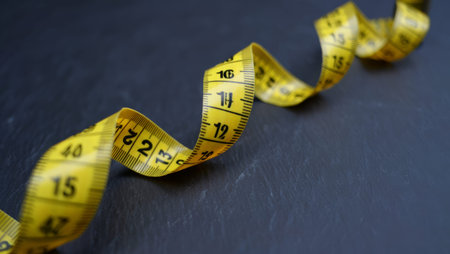 Macro close-up of a vibrant yellow measuring tape twisted in an elegant spiral wave on a dark slate background - bold weight loss and fitness measurement concept image