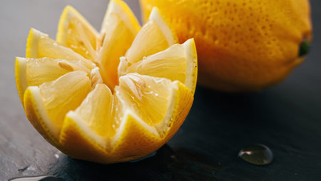 Freshly cut lemon sliced into multiple wedge sections fanned open on a dark slate surface with a water droplet, and a blurred whole lemon in the warm bokeh background